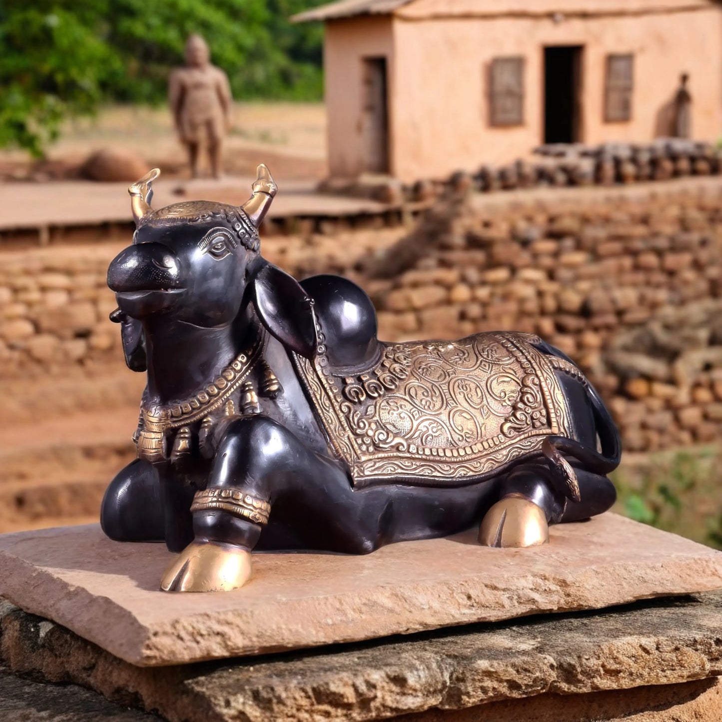 Brassaura™ Brass Nandi Statue in Black Tone | Handcrafted Sacred Décor | Weight 9 Kgs | Width 15 Inches