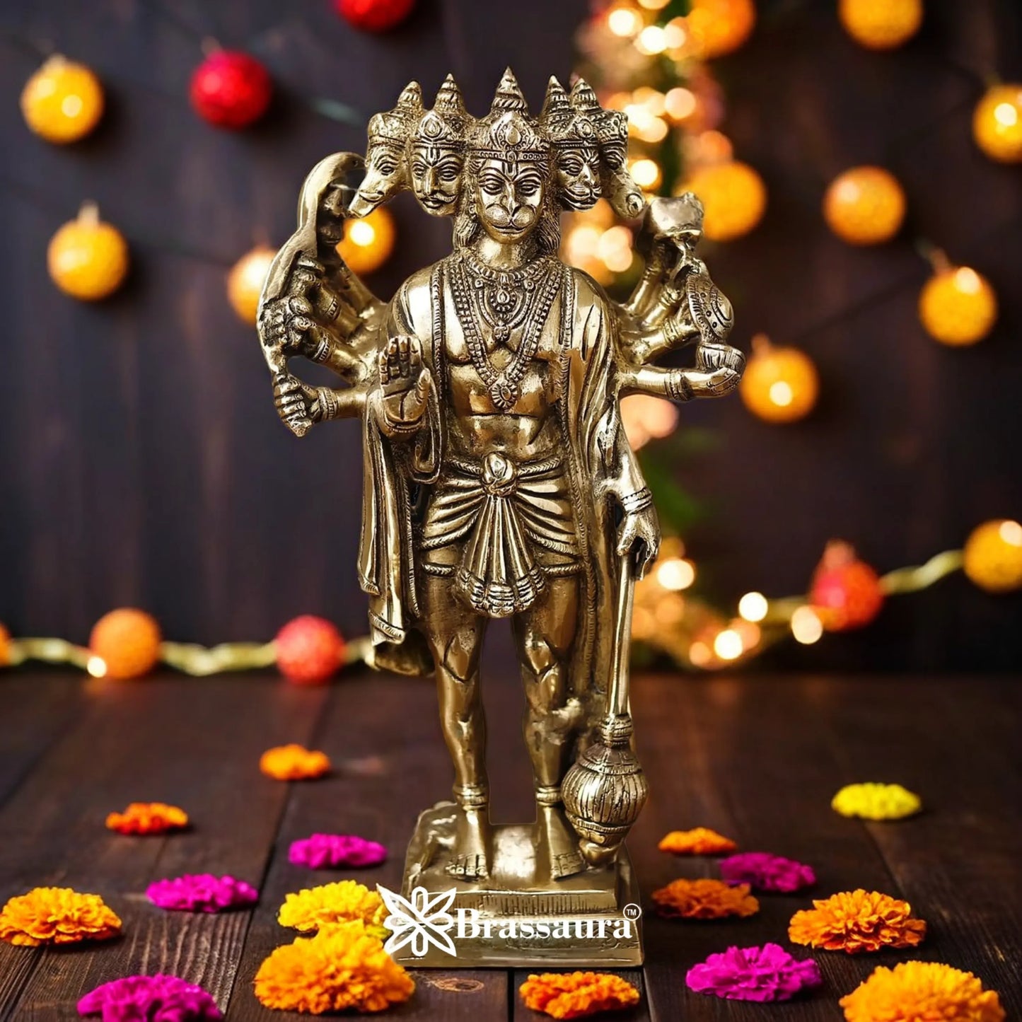 Brassaura™ Brass Standing Panchmukhi Hanuman Statue, Height 14 Inches & Weight 5.2 Kgs  | Spiritual Décor