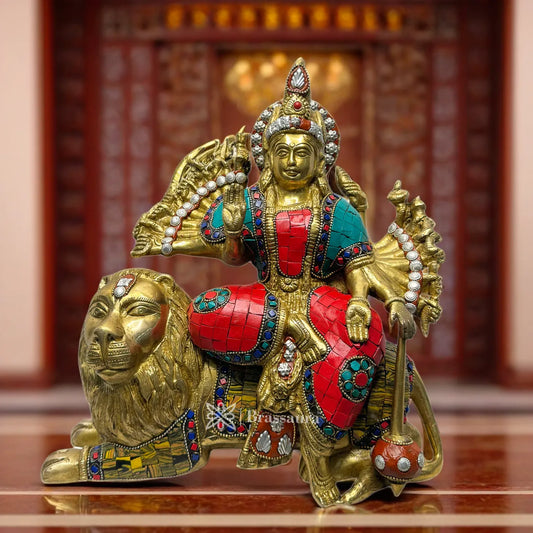 Brassaura™ Brass Gem Stone Work Durga Maa Idol for Home, Temple & Festive Decor Height 28 Inches Weight 7.2 Kgs