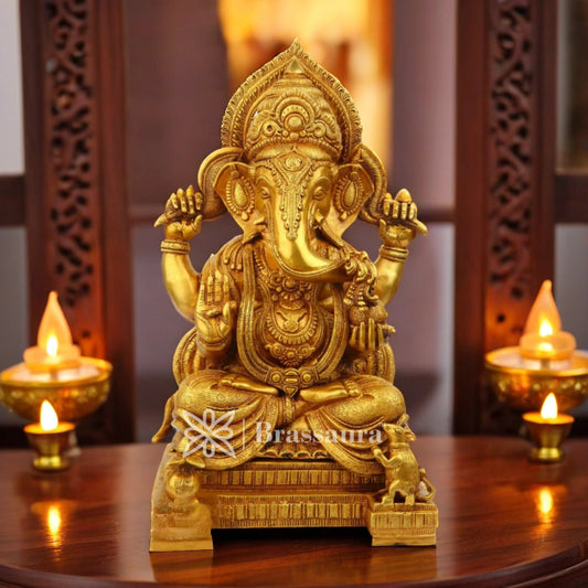 Brassaura™ Brass Chowki Ganesha Idol for Home and Decor | Weight 15 Kgs | Height 18 Inches