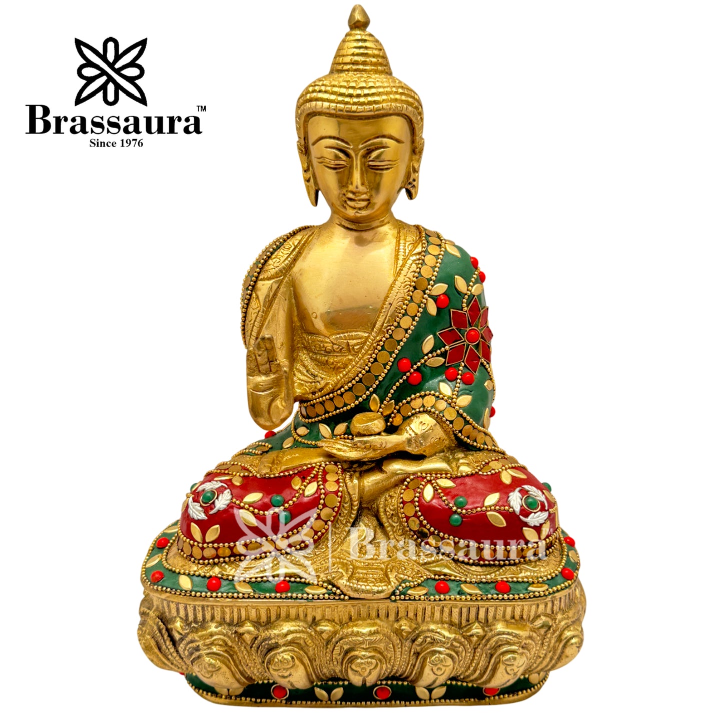 Brass Gem Stone Work Meditative Buddha Idol for Home and Decor Weight 3.6 Kg Height 25 cm