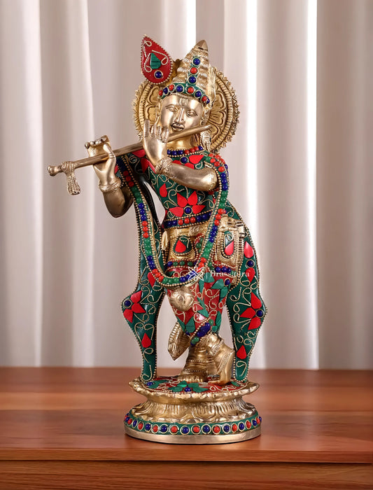 Brassaura™ Pure Brass Lord Krishna Idol with Floral Stonework – Height 11 Inches & Weight 2.75 Kgs