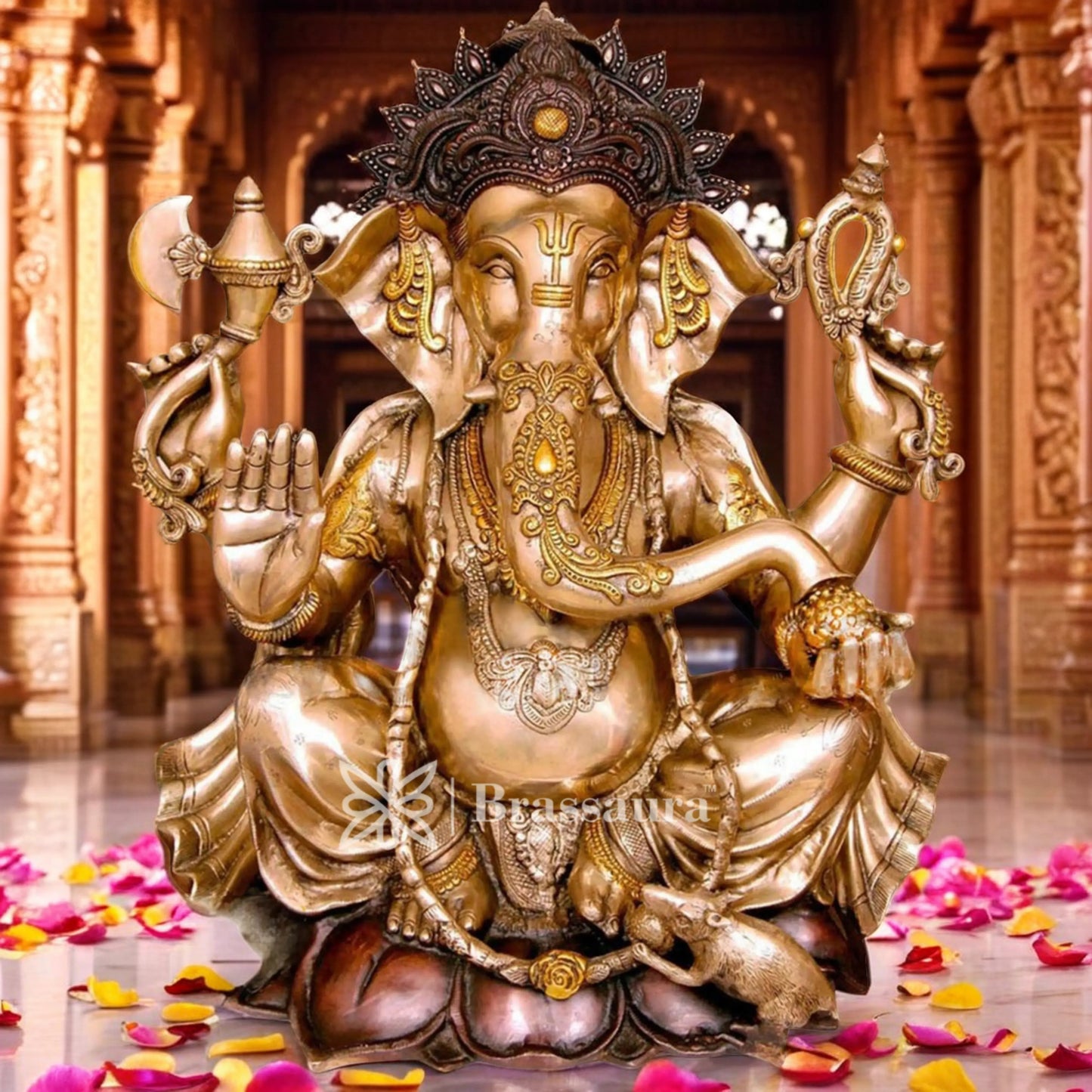 Brassaura™ Brass Ganesha Statue for Home Décor & Gift | Weight 56 Kgs | Height 28 Inches