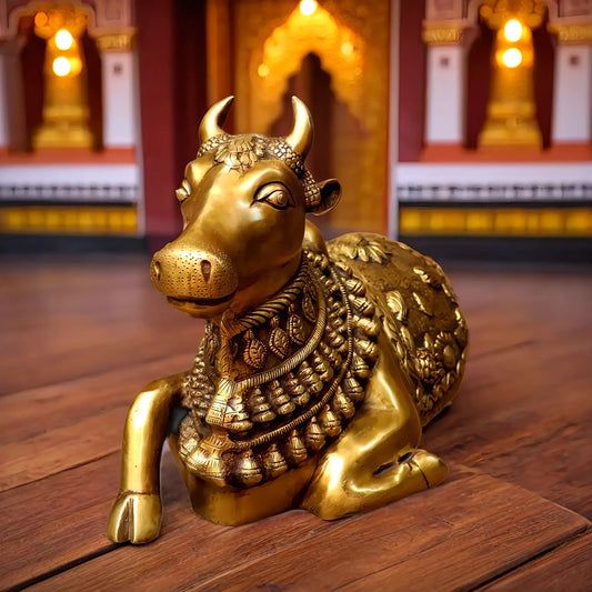 Brassaura™ Pure Brass Vintage Nandi Sculpture – Height 11 Inches & Weight 9.7 Kgs | Handcrafted Traditional Idol