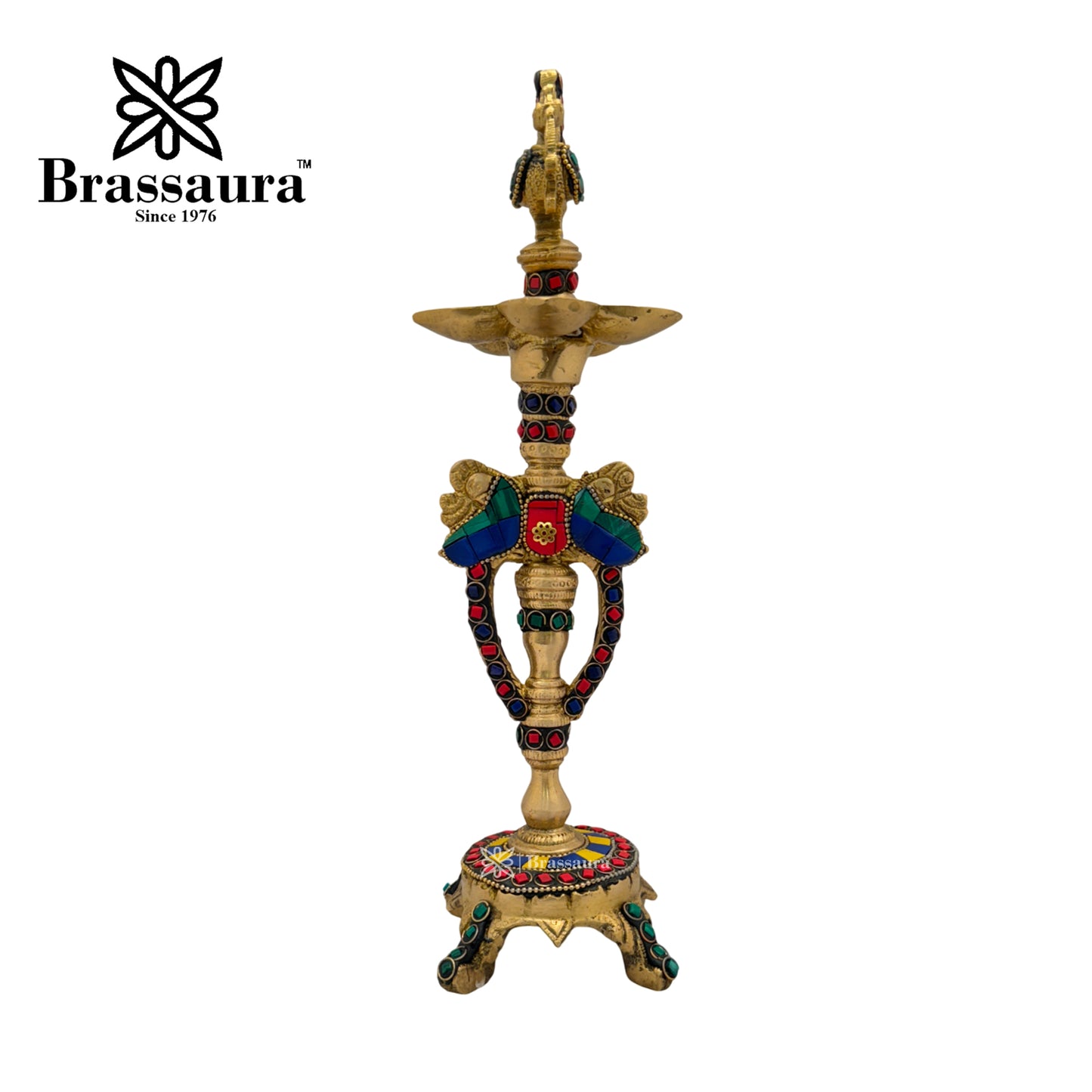 Brass Gem Stone Work Diya Stand Idol for Home and Decor Weight 1.2 Kg Height 30 cm