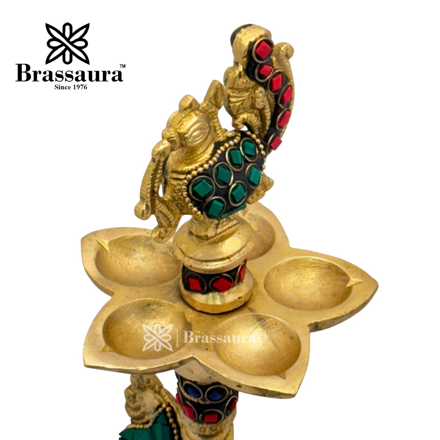 Brass Gem Stone Work Diya Stand Idol for Home and Decor Weight 1.2 Kg Height 30 cm