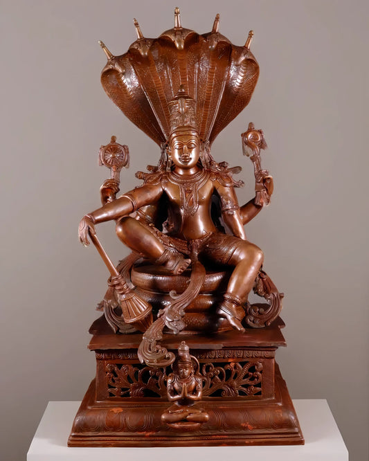 Brassaura™ Magnificent Brass Lord Vishnu Statue Seated on Engraved Pedestal with Sheshanaag and Hanuman | 29 Inch Height | 35 KG Weight | Chola Bronze Finish