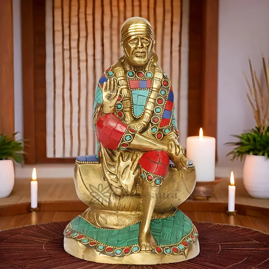 Brassaura™ Brass Sai Baba Idol – Height 9 Inches & Weight 2.4 Kgs | Devotional Masterpiece for Home Temple Décor