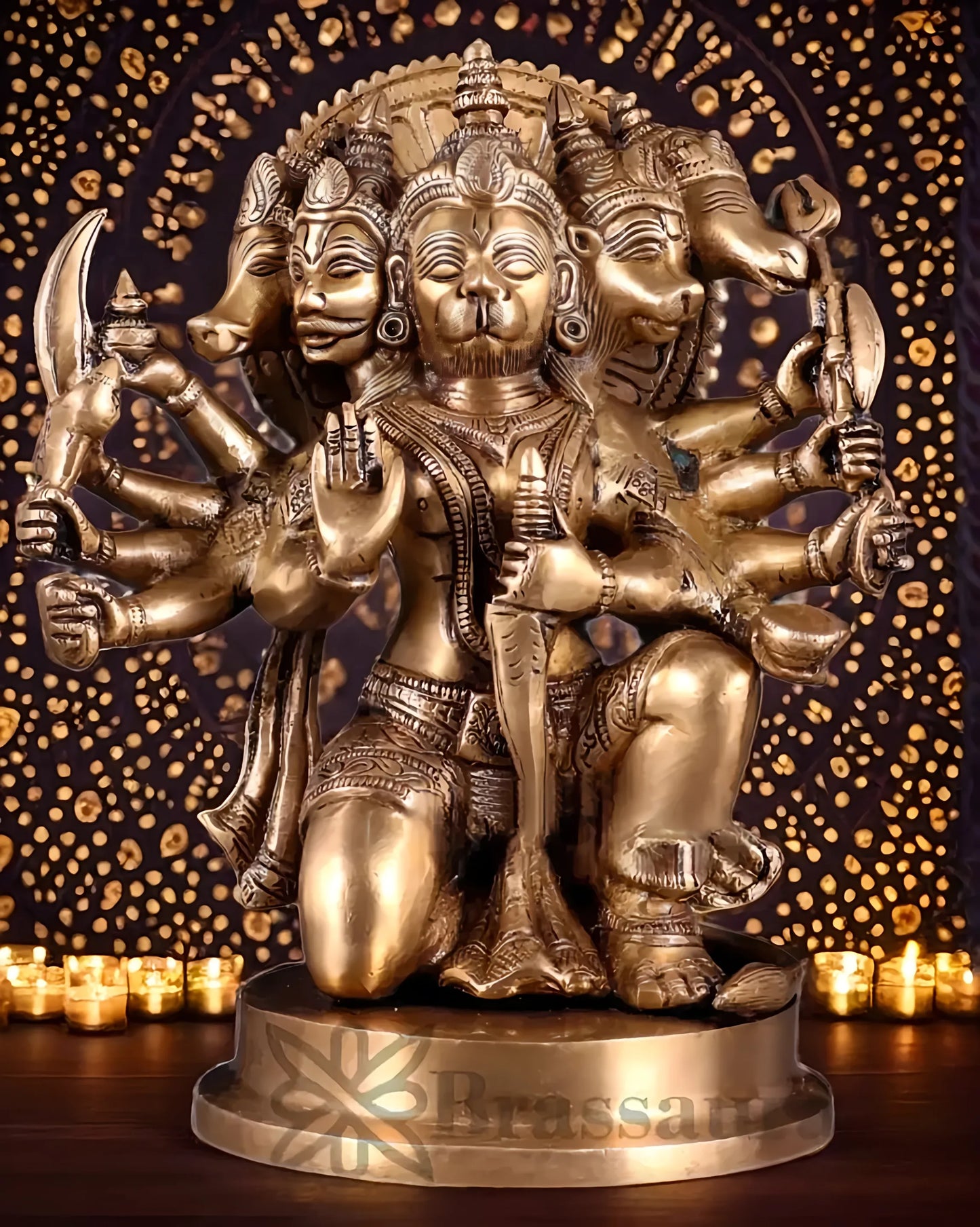 Brassaura™ Brass Superfine Panchmukhi Hanuman Idol – Height 11 Inches & Weight 6.6 Kgs | Antique Tone Handcrafted Idol