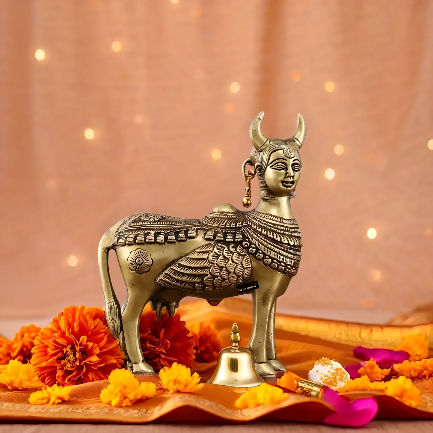 Brassaura™ Pure Brass Kamdhenu Cow Statue with Wings & Goddess Face | 6 Inches Height | 2 Kgs Weight | Symbol of Abundance & Spirituality