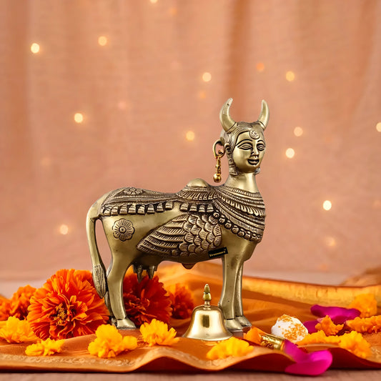 Brassaura™ Pure Brass Kamdhenu Cow Statue with Wings & Goddess Face | 6 Inches Height | 2 Kgs Weight | Symbol of Abundance & Spirituality