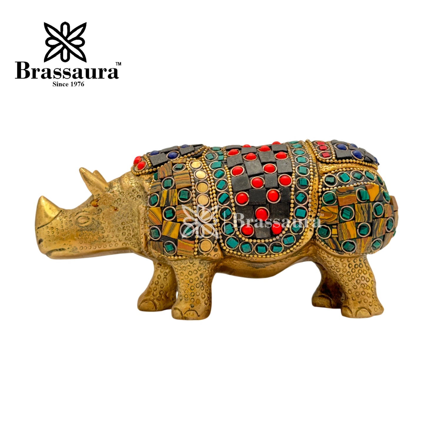 Brass Gem Stone Work Rhino Idol for Home and Decor Weight 1.3 Kg Height 9 cm