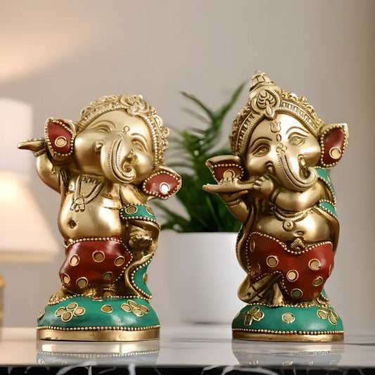 Brassaura™ Set of 2 Baby Lord Ganesha Idols | Brass with Stonework & Golden Accents | Height 5 Inches & Total Weight 2.5 Kgs