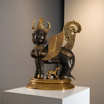 Brassaura™ Handcrafted Brass Kamdhenu Cow with Calf Statue | 10 Inches Height | 5 Kgs Weight | Elegant Black & Gold Finish