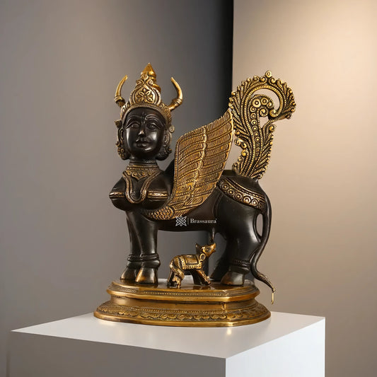Brassaura™ Handcrafted Brass Kamdhenu Cow with Calf Statue | 10 Inches Height | 5 Kgs Weight | Elegant Black & Gold Finish