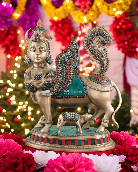 Brassaura™ Brass Kamdhenu Cow Statue with Meenakari Stonework | 16.5 Inches Height | 16 Kgs Weight | Divine Symbol of Grace & Prosperity