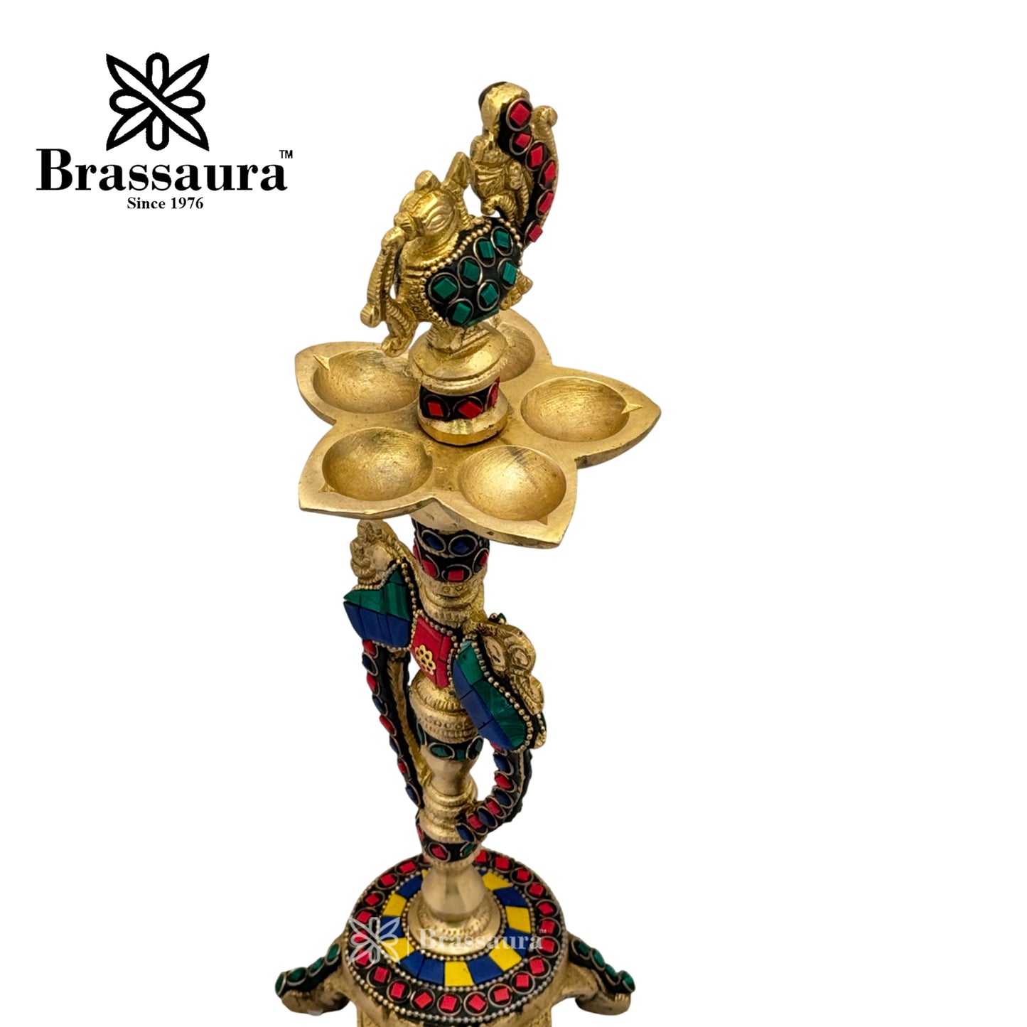 Brass Gem Stone Work Diya Stand Idol for Home and Decor Weight 1.2 Kg Height 30 cm