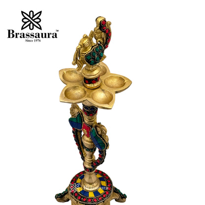 Brass Gem Stone Work Diya Stand Idol for Home and Decor Weight 1.2 Kg Height 30 cm