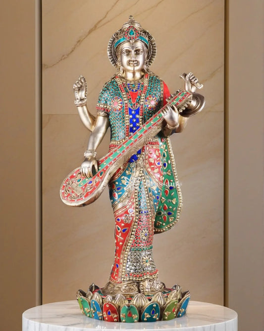 Brass Gem Stone Work Saraswati for Home and Decor Height 25 Inches & Weight 22 Kgs
