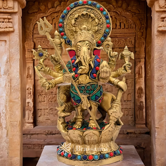 Brassaura™ Brass Gem Stone Work Ganesha and Lion Idol for Home and Decor | Weight 2.3 Kgs | Height 9.06 Inches