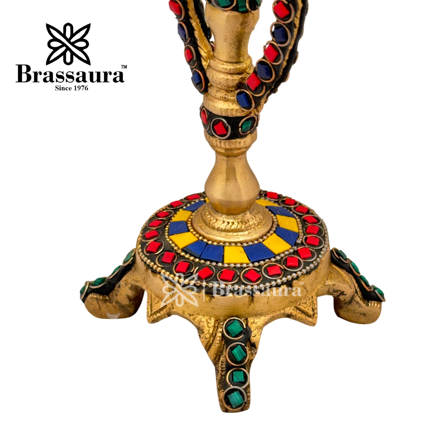 Brass Gem Stone Work Diya Stand Idol for Home and Decor Weight 1.2 Kg Height 30 cm