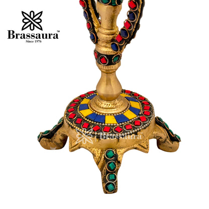 Brass Gem Stone Work Diya Stand Idol for Home and Decor Weight 1.2 Kg Height 30 cm