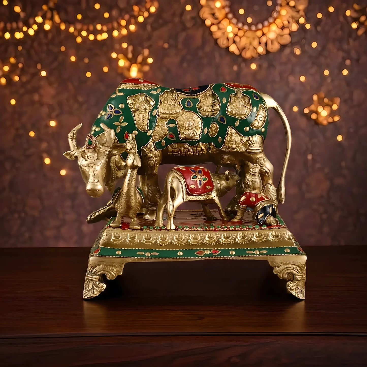 Brassaura™ Brass Gem Stone Work Kamdhenu Cow & Calf Idol – Height 7 Inches & Weight 7.8 Kgs | Artistic Spiritual Accent