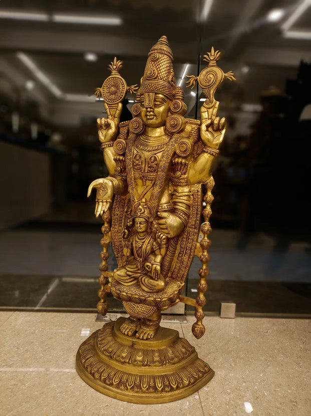 Brassaura® Brass Balaji & Lakshmi Idol for Home Temple Decor | Height 35 Inches