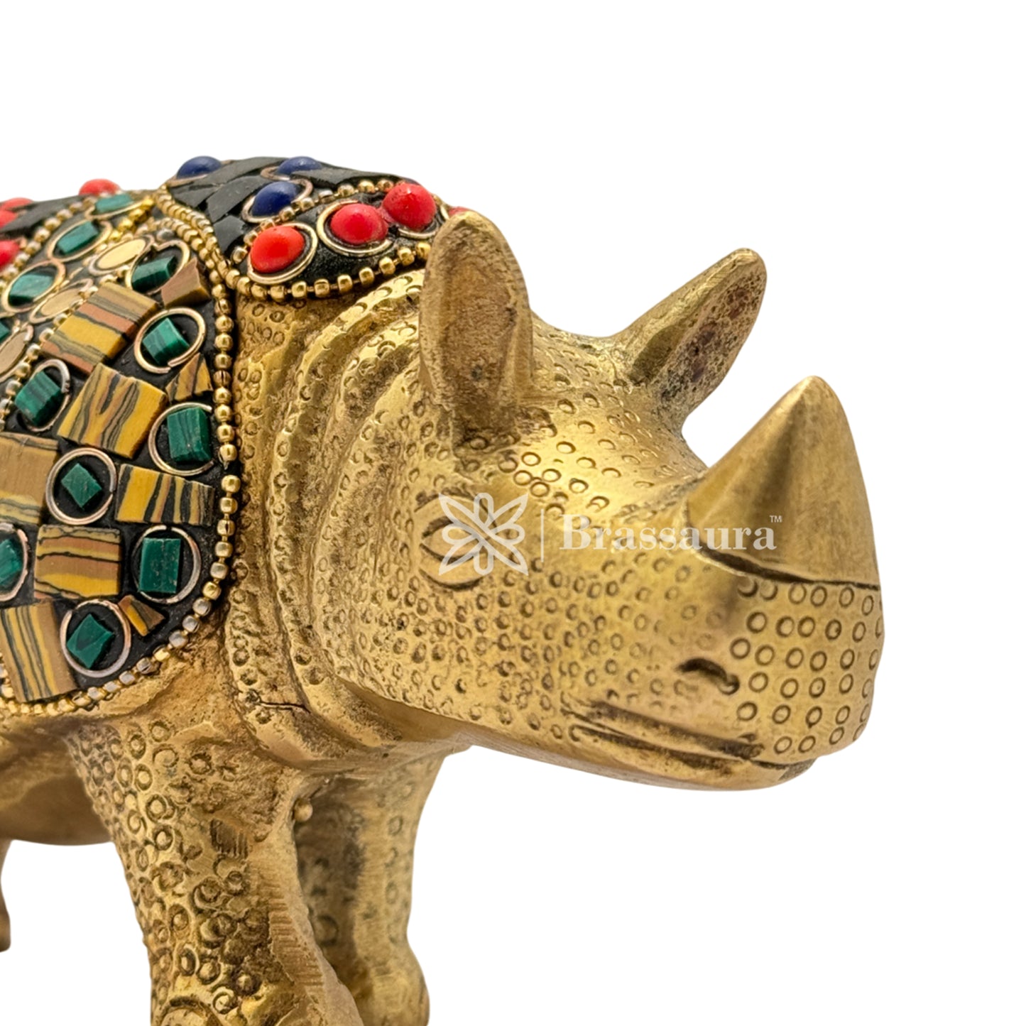 Brass Gem Stone Work Rhino Idol for Home and Decor Weight 1.3 Kg Height 9 cm