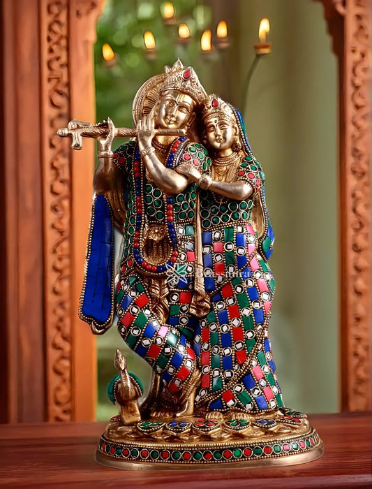 Brassaura™ Brass Radha Krishna Idol with Meenakari – Height 12 Inches & Weight 4 Kgs | Elegant Devotional Statue