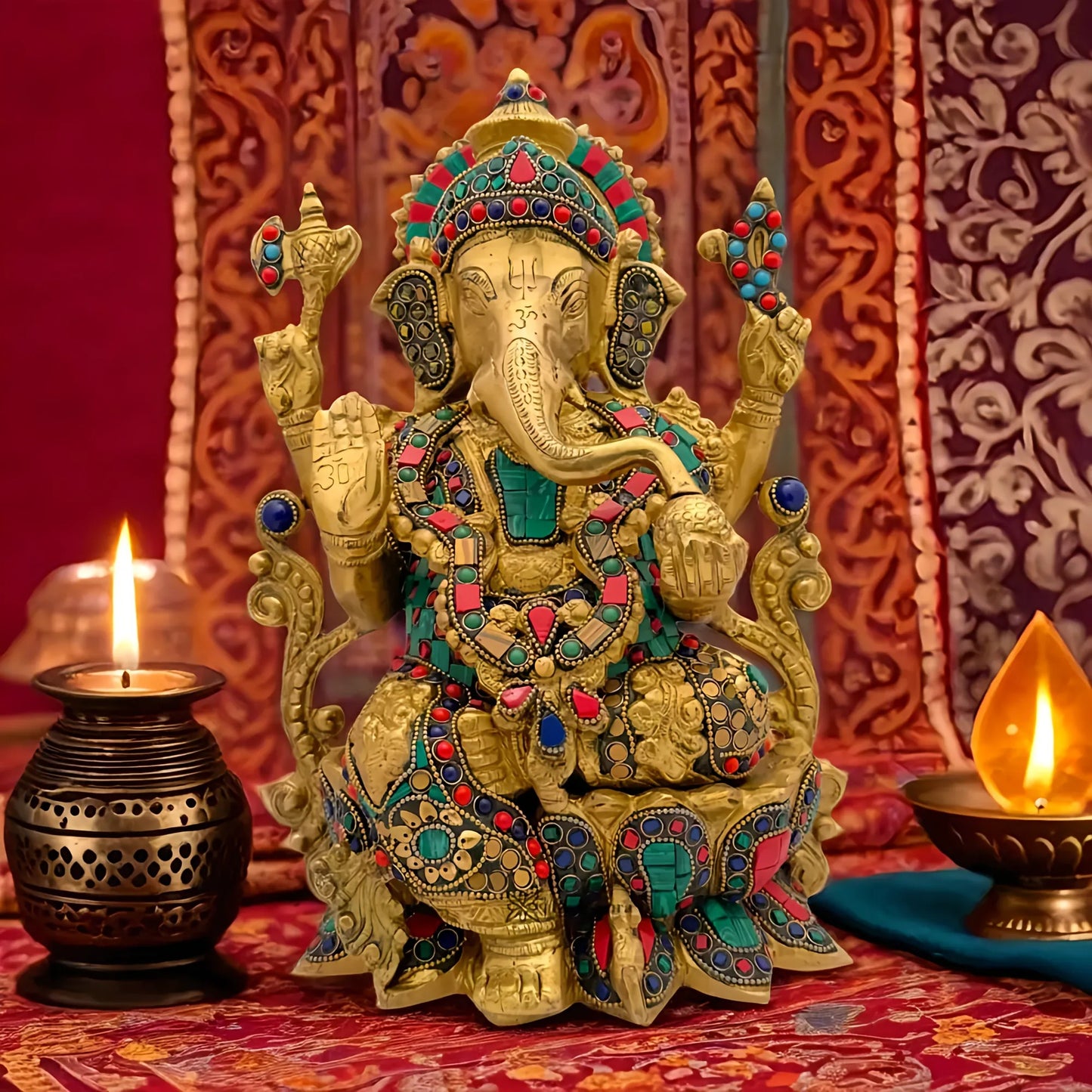 Brassaura™ Gemstone-Embellished Brass Ganesha for Home & Temple Décor | Height 13 Inches & Weight 7 Kgs