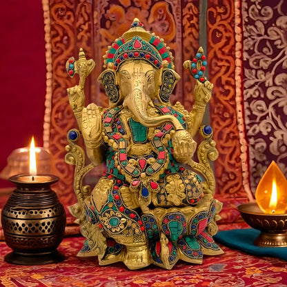 Brassaura™ Gemstone-Embellished Brass Ganesha for Home & Temple Décor | Height 13 Inches & Weight 7 Kgs