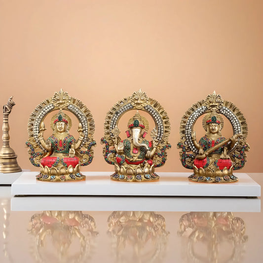 Brass Gem Stone Work Laxmi Ganesha Saraswati Murti for Home and Decor Height 9.5 Inches & Weight 10.2 Kgs