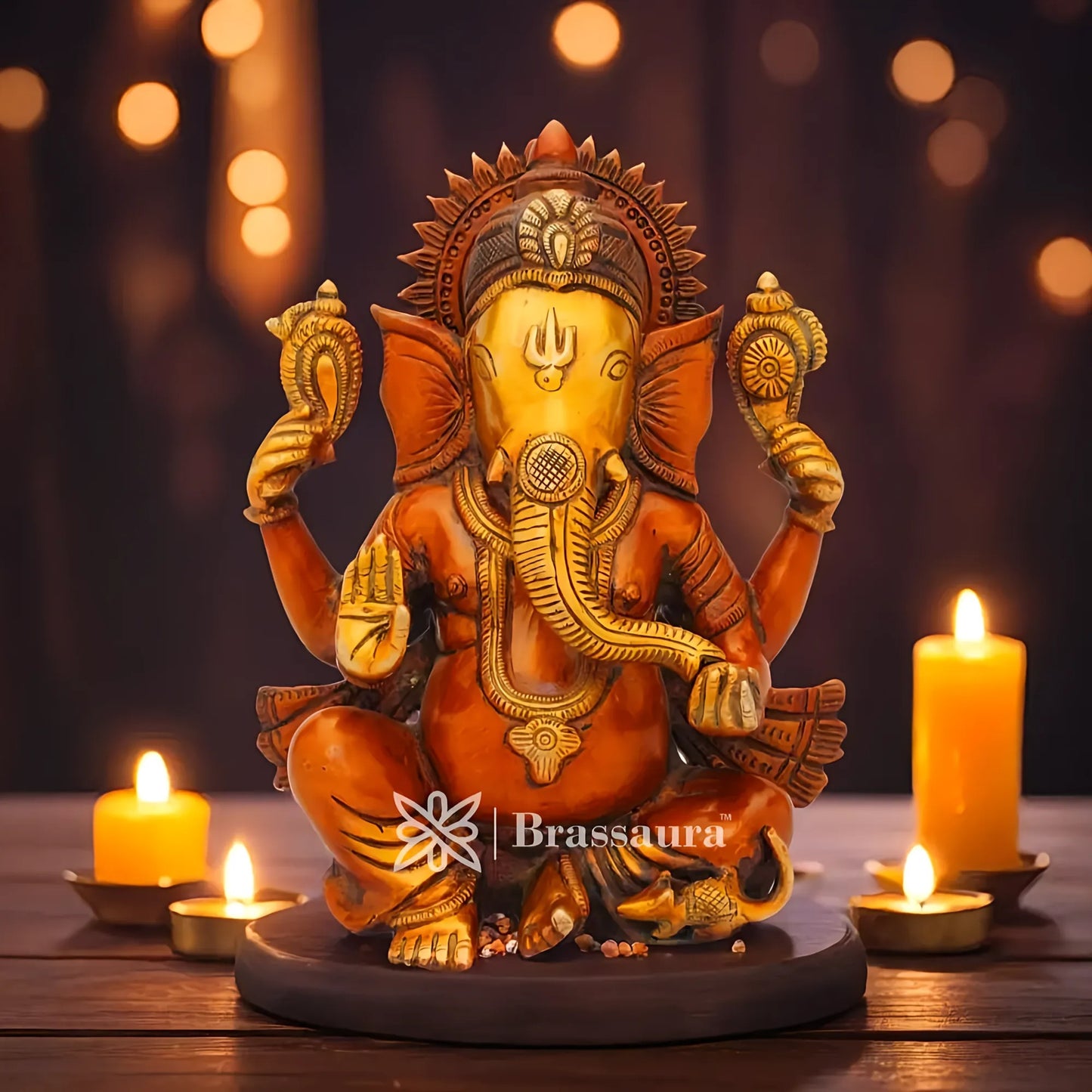 Brassaura™ Brass Ganesha Idol for Home Temple & Pooja Décor | Height 9 Inches & Weight 4.3 Kgs