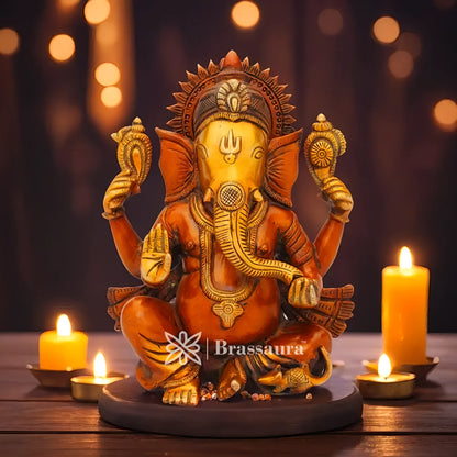 Brassaura™ Brass Ganesha Idol for Home Temple & Pooja Décor | Height 9 Inches & Weight 4.3 Kgs