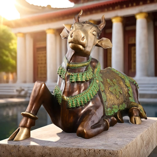 Brassaura™ Antique Brass Large Nandi Sculpture – Height 21.5 Inches & Weight 30 Kgs | Traditional Temple Idol