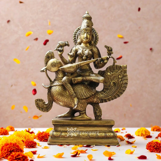 Brassaura™ Brass Saraswati Mata Murti – Height 19 Inches & Weight 15 Kgs | Puja & Worship Idol