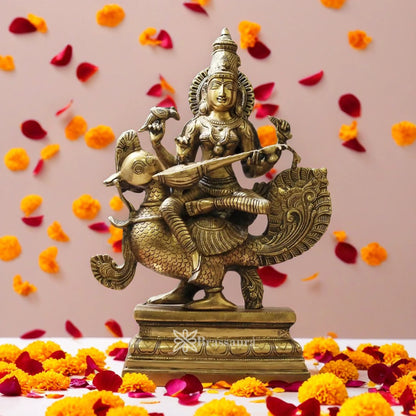 Brassaura™ Brass Saraswati Mata Murti – Height 19 Inches & Weight 15 Kgs | Puja & Worship Idol