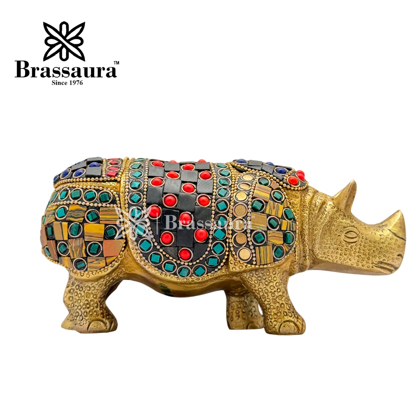 Brass Gem Stone Work Rhino Idol for Home and Decor Weight 1.3 Kg Height 9 cm