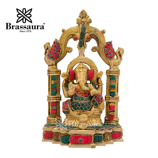Brassaura™ Brass Gem Stone Work Ganesha Idol for Home and Decor | Weight 2.5 Kgs | Height 9.8 Inches