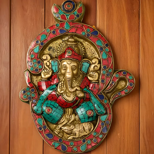 Brassaura™ Brass Ganesha Wall Hanging with Stonework | Height 9 Inches & Weight 1.36 Kgs