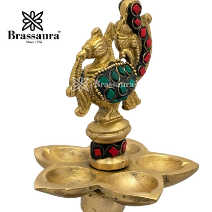 Brass Gem Stone Work Diya Stand Idol for Home and Decor Weight 1.2 Kg Height 30 cm