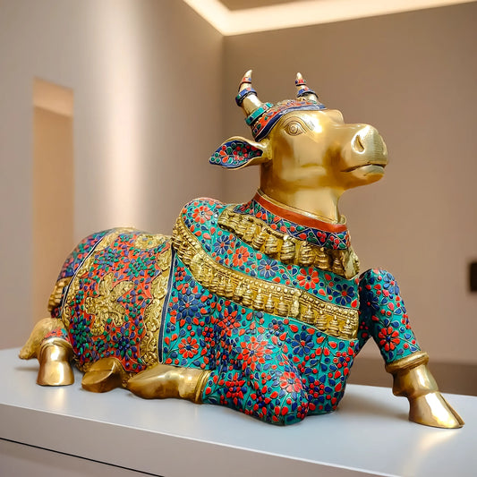 Brassaura™ Handcrafted Brass Wirework Nandi Bull with Natural Stones – Height 21 Inches & Weight 30 Kgs | Majestic Temple Sculpture