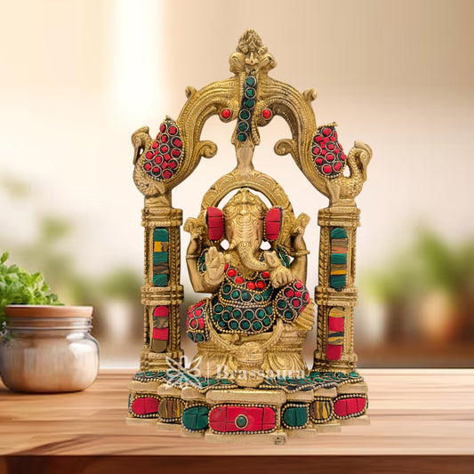 Brass Gem Stone Work Ganesha Idol for Home and Decor Weight 2.5 Kg Height 25 cm