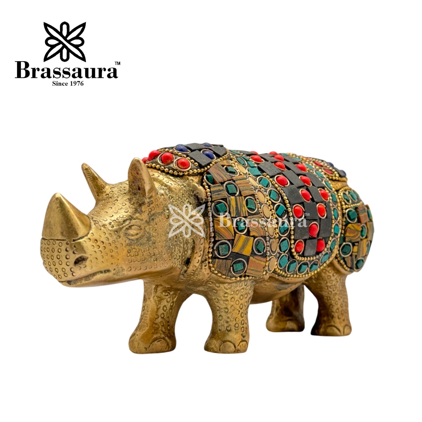 Brass Gem Stone Work Rhino Idol for Home and Decor Weight 1.3 Kg Height 9 cm