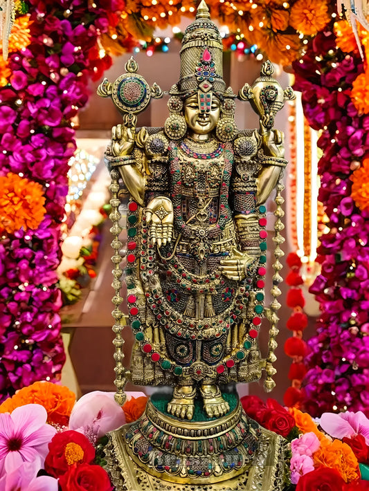 Brassaura™ Pure Brass Tirupati Balaji Idol with Stonework – 48 Inches, 49 Kgs