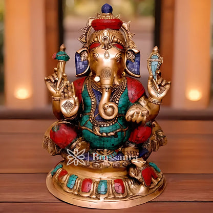 Brassaura™ Brass Gem Stone Work Ganesha Statue for Home Décor & Gift | Weight 21 Kgs | Height 22 Inches