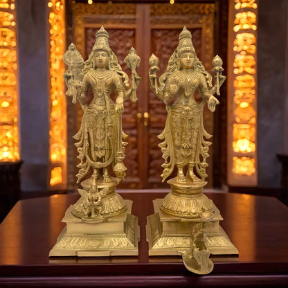 Brassaura™ Brass Vishnu Laxmi – Height 16 Inches & Weight 9.5 Kgs | Artistic Handcrafted Idol Set for Pooja Room Décor