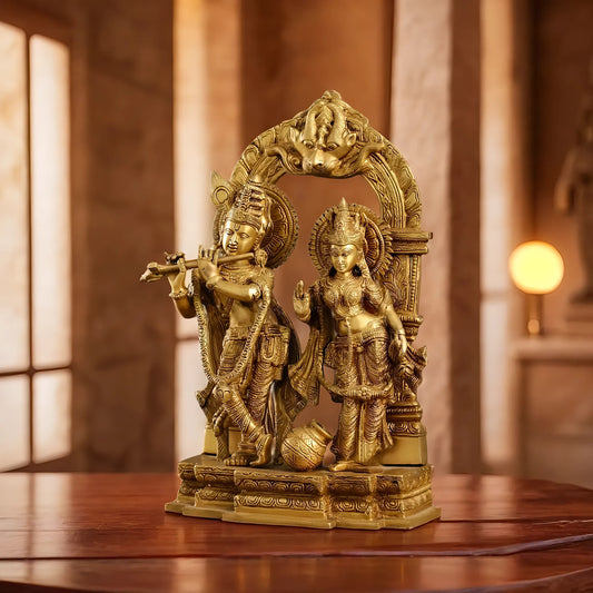 Brassaura™ Handcrafted Radha Krishna Brass Idol with Yali Prabhavali – 14 Inch Height, 7.5 Kg | Divine Flute & Butter Pot Detail