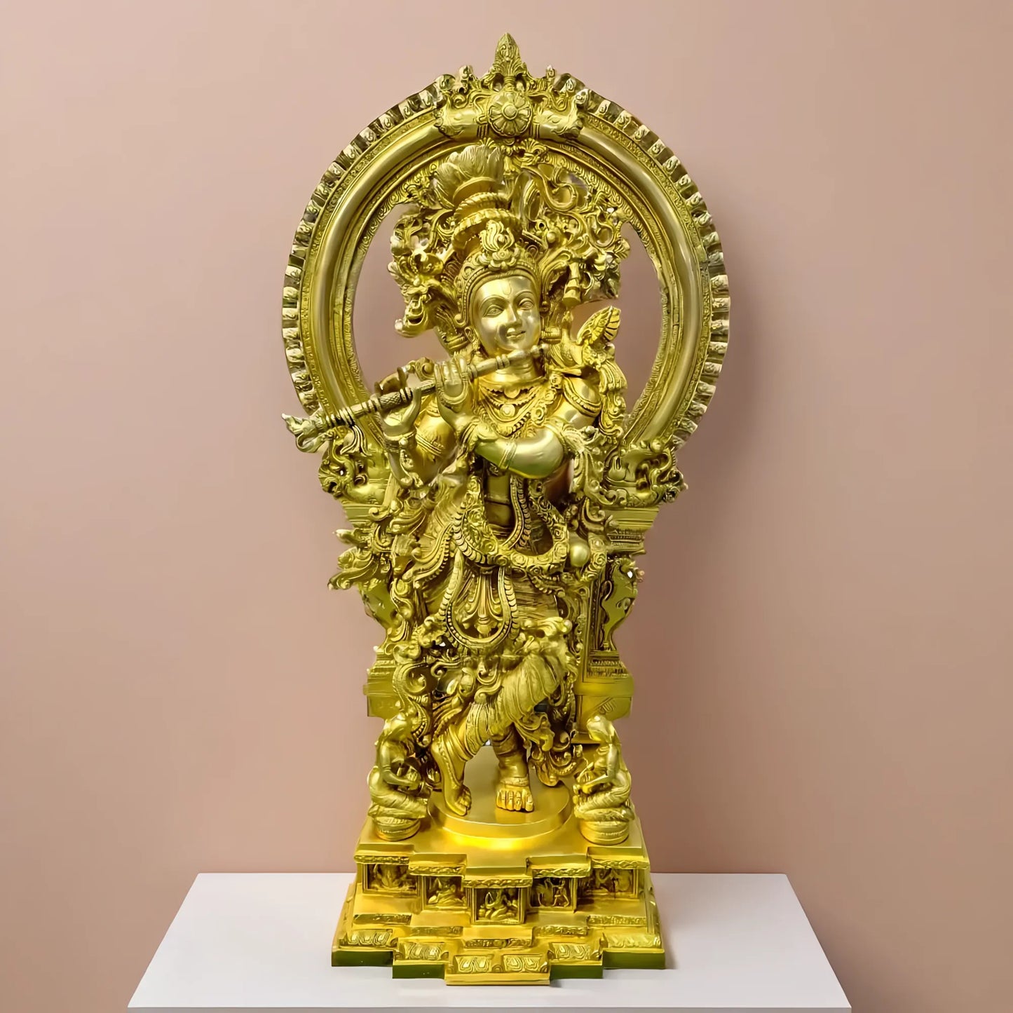 Brassaura® Superfine Brass Lord Krishna Statue with Large Embossed Prabhavali Frame | Pure Brass Handcrafted Krishna Murti with Intricate Engraved Base & Apsara Detailing | Home Temple, Living Room & Luxury Décor | Height 32 Inches | Weight 35 Kg
